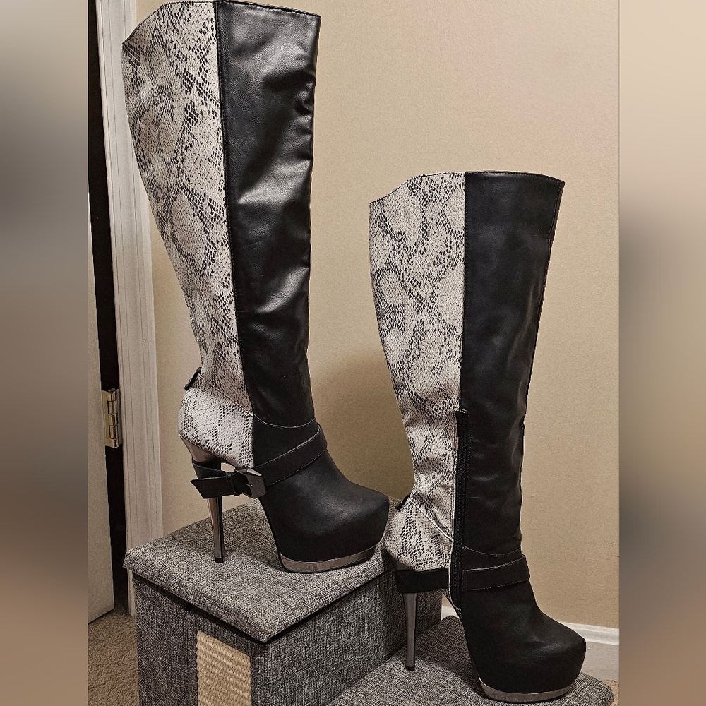 Paper Fox Black and Snake Print Heeled Boots